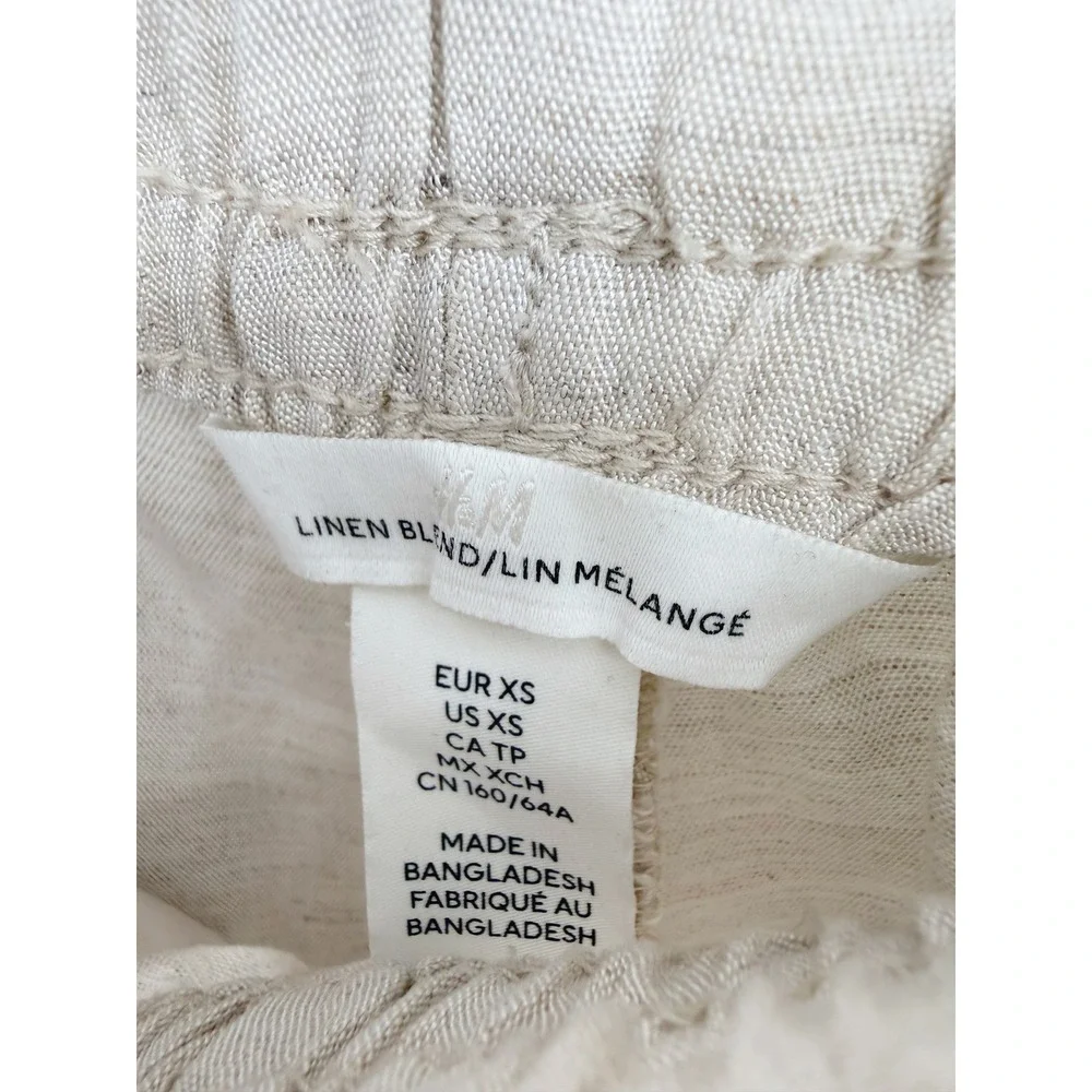 H&M Linen Blend Wide Leg Pants Women XS Tan Drawstring Elastic Waistband